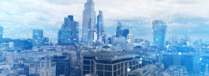 Ariel view of london cityscape digital map indicating connectivity form background image