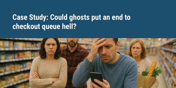 Frustrated shoppers in supermarket queue as no mobile signal at the checkout to make payment