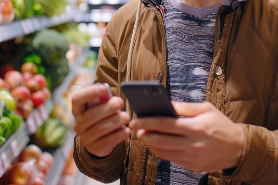 What is digital friction and why is it costing retailers more than they think? - man on mobile phone in supermarket